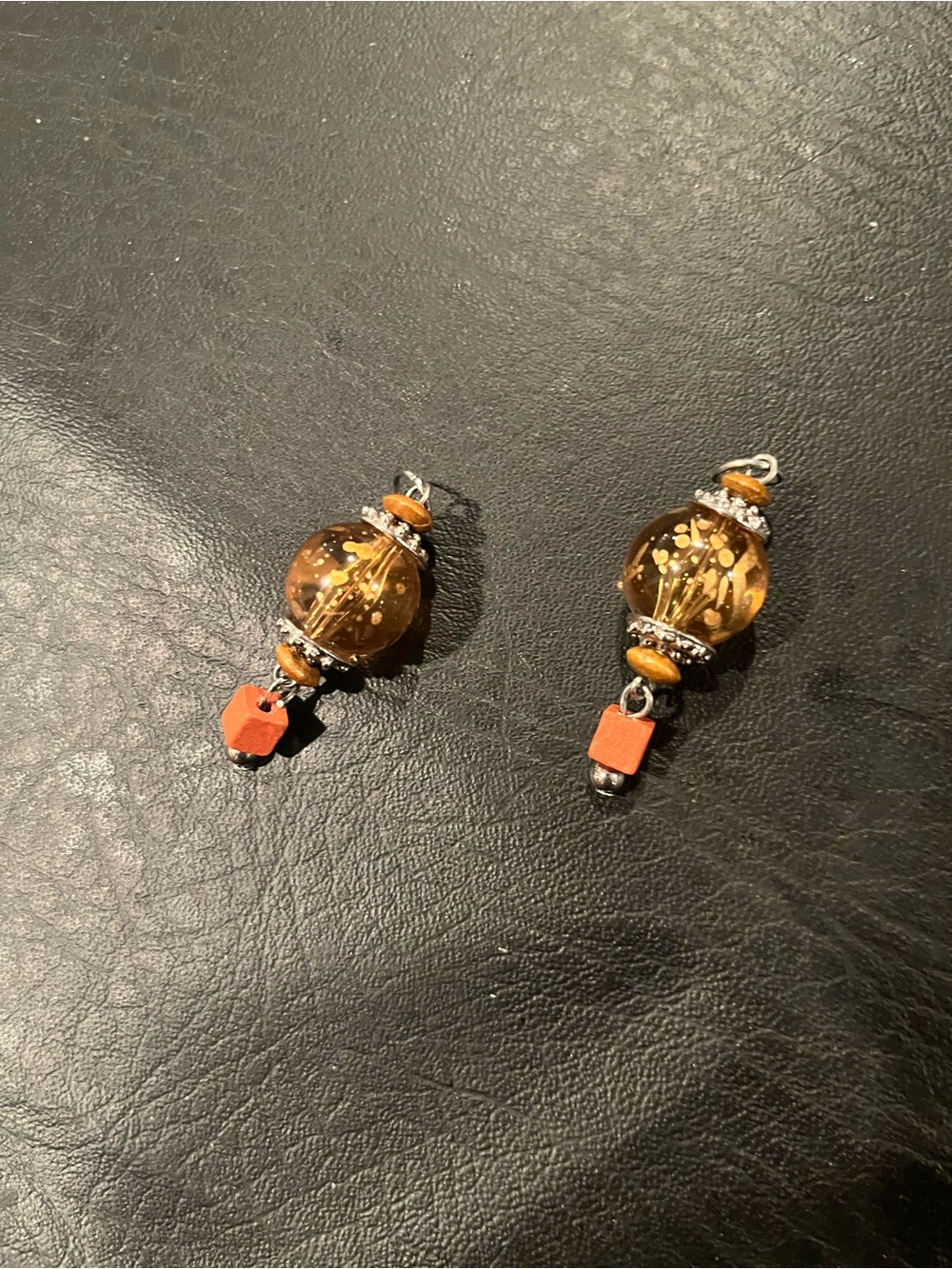 Artisan Amber Glass and Coral Drop Earrings - Handmade Women Jewelry